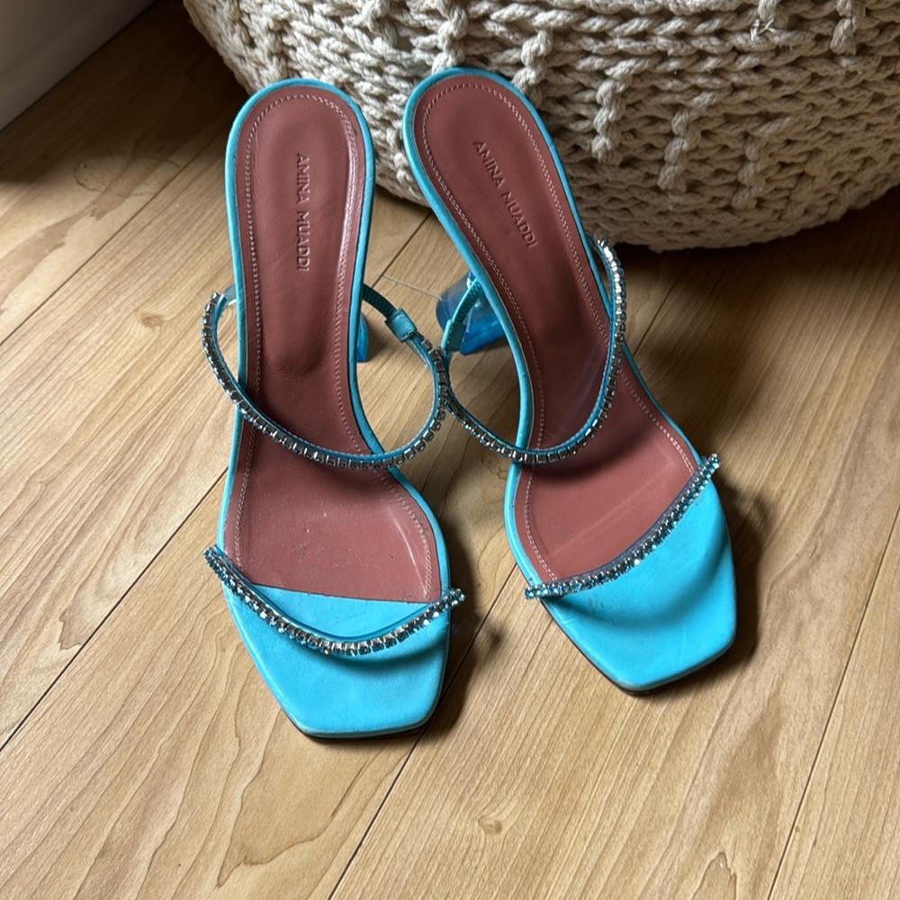 Amina Muaddi Gilda Crystal-Embellished Blue Heel
